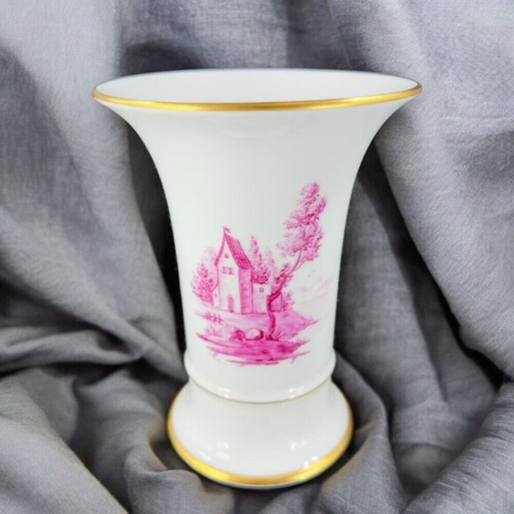 1975 Hochst German Vase Magenta‎ House Church with Gold Trim Germany Porcelain